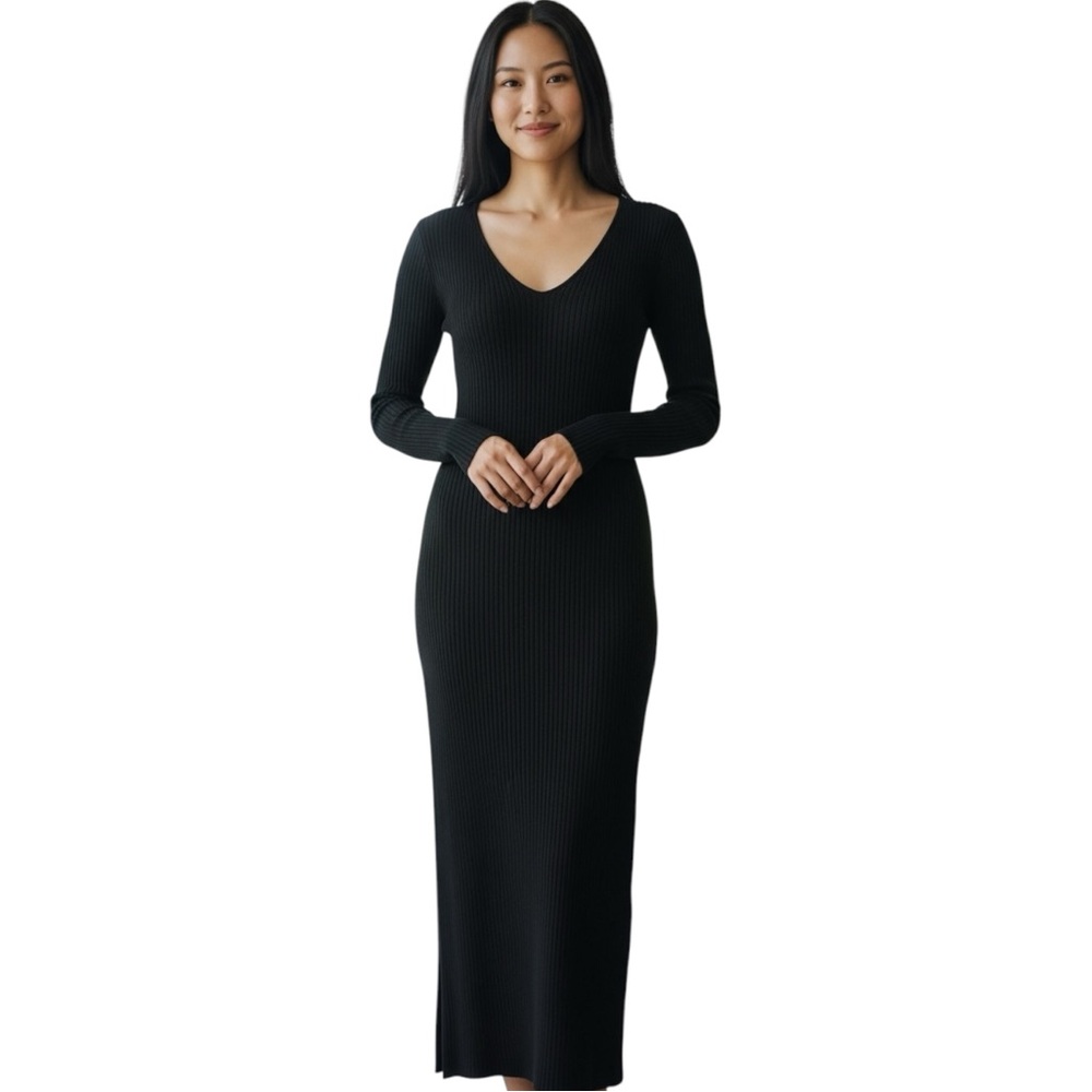 Trois The Label Black Ribbed Long Sleeve V-Neck Fitted Sweater Dress Size 0